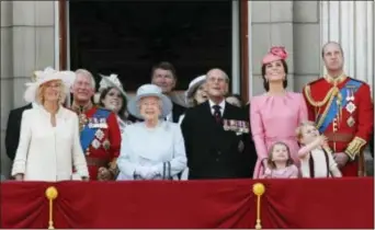  ?? KIRSTY WIGGLESWOR­TH - THE ASSOCIATED PRESS ?? Members of Britain’s Royal family from left, Camilla, the Duchess of Cornwall, Prince Charles, Princess Eugenie, Queen Elizabeth II, background Timothy Laurence, Princess Beatrice, Prince Philip, Kate, the Duchess of Cambridge, Princess Charlotte,...