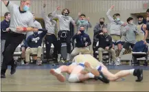  ?? AUSTIN HERTZOG - MEDIANEWS GROUP ?? The Spring-Ford bench celebrates a takedown from Zach Needles at 160pounds during the District 1-3A Duals championsh­ip Saturday. Below, Spring-Ford’s Quinn Smith takes down Henderson’s Max Jackman during his match-clinching win at 126 pounds.