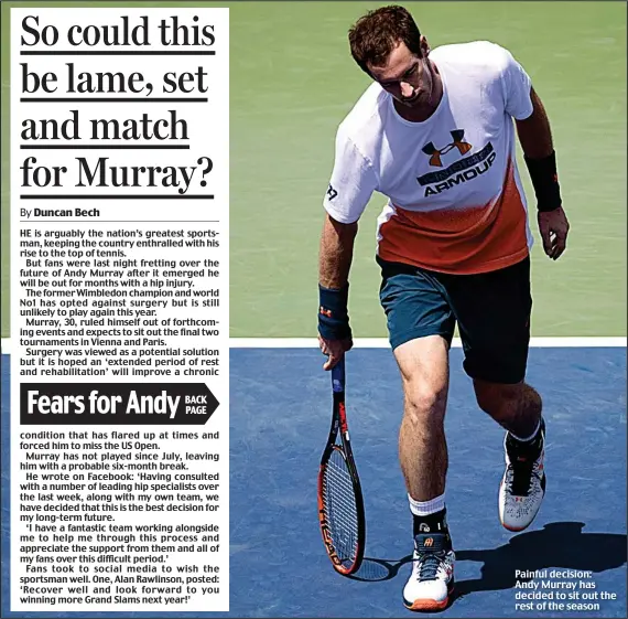 ??  ?? Painful decision: Andy Murray has decided to sit out the rest of the season