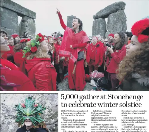  ??  ?? Main picture top, pagans and druids wear traditiona­l clothing at a ceremony to mark the end of the longest night of the year, including one man, above, who sported a striking mask.