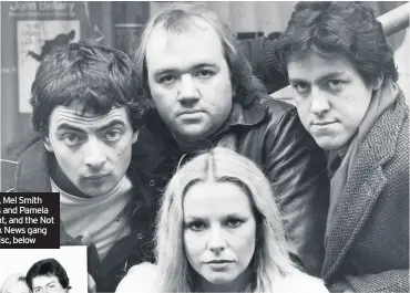  ??  ?? Rowan Atkinson, Mel Smith Griff Rhys Jones and Pamela Stephenson, right, and the Not The Nine O’Clock News gang with their gold disc, below