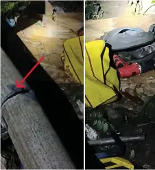  ?? ?? Photo shows a damaged cable caused by vandals, which resulted in a power outage at Rock Road in Kuching late Friday. Another handout photo (right) shows the tools and other items left behind at the site by the culprit.
