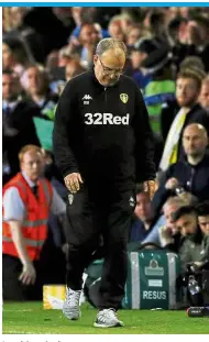  ?? — Reuters ?? Looking forlorn: Leeds manager Marcelo Bielsa looks dejected after losing to Derby County in the Championsh­ip playoff semi-final match on Wednesday.