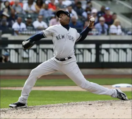  ?? FRANK FRANKLIN II - THE ASSOCIATED PRESS ?? New York Yankees’ Aroldis Chapman delivers a pitch during the eighth inning of a baseball game against the Tampa Bay Rays Wednesday, in New York. The Yankees won 3-2.