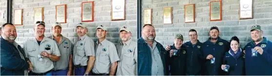  ??  ?? André van Heerden (Vise-President: Jagsake) by Genl de la Rey se Molon Labe-span. Van links is Riaan Kriel, Thys Goosen, Jan Haasbroek, Michelle Laing en Walter Laing. André van Heerden (Vise-President: Jagsake) wens die Schweizer Laksmanne geluk. Van links is: Johan Coetzee, Jaco van Zyl, Abraham Oosthuizen, Tielman Nieuwoudt, Jacques Moolman.