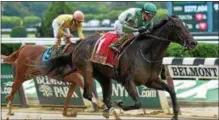  ?? NYRA PHOTO ?? Bar of Gold (1) runs in a race at Belmont Park on May 30. The John Kimmel-trained horse is expected to be in the mix in today’s Honorable Miss Handicap.