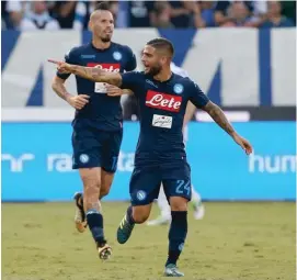  ??  ?? Napoli's forward Lorenzo Insigne, right, celebrates after he scored during an Italian Serie A match between Spal and Napoli at the Paolo Mazza stadium in Ferrara yesterday