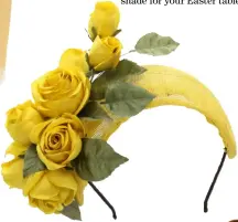  ?? ?? Yellow sinamay low crown band with yellow silk roses and green leaves, £235, Beverley Edmondson (01252 715039; www.beverley edmondson millinery.co.uk)
