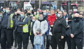  ??  ?? Bus drivers in Belfast city centre parked up and protested at the City Hall