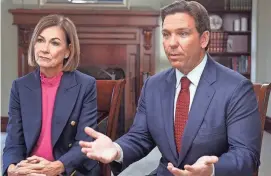  ?? ZACH BOYDEN-HOLMES/THE REGISTER ?? Iowa Gov. Kim Reynolds endorses Florida Gov. Ron DeSantis for president during an interview at the Governors Mansion in Des Moines on Monday.