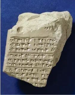  ??  ?? A fragment of c14th-century BC Hittite cuneiform text. Though Hittite records refer to a city that may be Troy, no war is mentioned