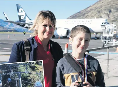  ?? PHOTOS: HUGH COLLINS ?? Flying high . . . Jackson Nolan with mother Kristin at the arrival of Flight NZ1209 in Queenstown on Saturday afternoon. Inset: Up and running . . . Skyline Queenstown’s gondolas were back in action at the weekend after a break of nearly two months.