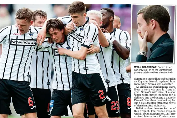  ??  ?? WELL BELOW PAR: Cathro (inset) can only look on as the Dunfermlin­e players celebrate their shoot-out win