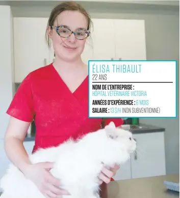  ?? PHOTO BEN PELOSSE ?? Élisa Thibault, que l’on voit ici avec un chat, travaille depuis six mois comme animalière à l’Hôpital vétérinair­e Victoria. Elle est plus que jamais à sa place.