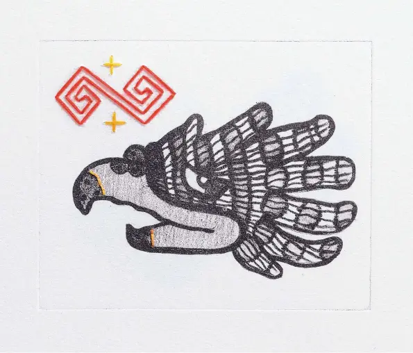  ??  ?? The 2018 Holiday Art Market at the Institute of American Indian Art takes place on Dec. 15. This piece, “Cuauhtli” (Eagle), lithograph with handstitch­ing, is by IAIA alumna and former adjunct professor Moira Garcia.