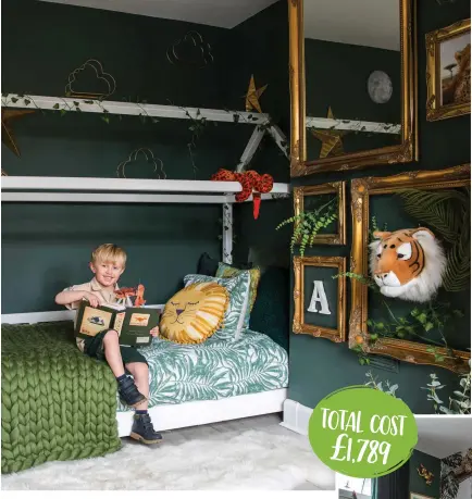  ??  ?? Fit for an explorer, the framed bed and forest-green walls give the room a cosy, restful feel. Lisa also added gold stars, clouds and a moon so Arlo really feels like he’s camping out in the jungle