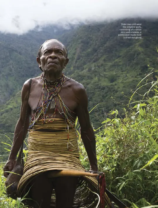  ??  ?? Older men still wear the simplest garb, consisting of a rattan skirt and a koteka, a penis cover made from a dried- out gourd