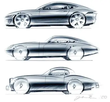  ??  ?? Above: Thomson sketch from 2020 shows the evolution of the Jaguar sports car family line, from 1950s XK (bottom), via E-type (middle) to the facelifted F-type (top), which was launched during his stint as the firm’s design director