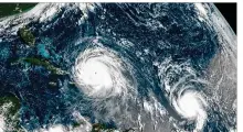  ?? NOAA VIA AP ?? The eye of Hurricane Irma (left) is just north of the island of Hispaniola, with Hurricane Jose (right) in the Atlantic Ocean.