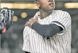  ?? N.Y. Post: Charles Wenzelberg ?? SHORT-TIMER: Luis Severino walks off the mound Tuesday after recording just one out in the 8-4 wild-card victory over the Twins.