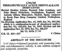  ??  ?? A la izquierda, cabecera de una de las patentes (US 3.784.705) sobre el ibuprofeno en la que aparece claramente Antonio Ribera Blancafort como codescubri­dor.