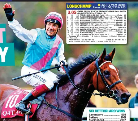  ?? GETTY IMAGES ?? Three-peat? Dettori wins the Arc on Enable last year