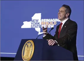  ?? HANS PENNINK—ASSOCIATED PRESS ?? New York Gov. Andrew Cuomo delivers his State of the State address virtually from The War Room at the state Capitol, Monday, Jan. 11, 2021, in Albany, N.Y.