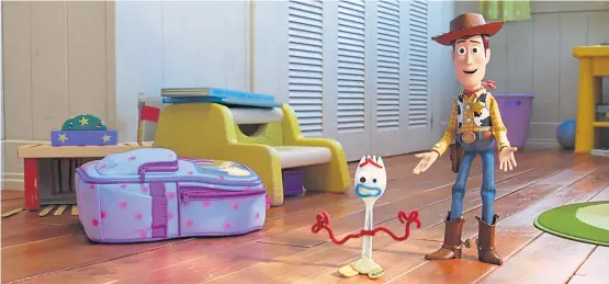 ?? [ Disney/Pixar ] ?? „Warum bin ich am Leben?“Der gebastelte Forky hadert mit seinem Dasein als recyceltes Spielzeug. Cowboy Woody hält ihn pflichtbew­usst vom Suizid ab.