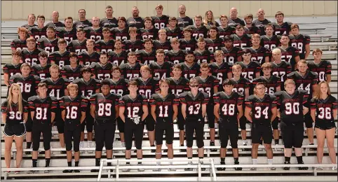  ?? Photo courtesy of Life Touch ?? Members of the Pea Ridge Blackhawk Varsity football team are Samuel Beard, Rylan Bowie, Tate Busey, Zac Withrow, Cole Brown, Jake Ingram, Trevor Blair, Tanner Willey, Logan Stewart, Hunter Rains, Cole Travis, David Snarr, Joe Adams, Dillon Wells, Caleb Neil, Carlos Martinez, Trenton Tolliver, Luis Reyes, Braden Mincks, JT Roses, Jake Adams, Marcus Nobles, Ayden Cotton, Gavin Warden, Will Anderson, Peyton Losey, Rhett Snyder, Mazon Harris, Brayden Talley, Daniel Deleon, Jayson Frasier, Jorge Vasquez, Andrew Guyll, Adam Trammell, Lance Nunley, David Wood, Joseph Peal, Chandler Snow, Uriah Varble, Clayton Henson, Iain Mullikin, Michael Ericson, Baker Fairchild, Hagen Schader, Patrick Herren, Jordan McGarrah, Joe Jiminez, Clay Sebree, Wyatt Randall, Mason Hart, Phillip Brown, Ethan Garrett, Thaddeus Timmons, Gavin Spivey, Samual Tillman, Cooper Tillman, Trey Calico, Carson Yates, Brody Carney, Malachi Martin, Anthony Bleything, Daniel Wood, Chris Ellis, Justin Blount, Brandt Bowen, Hunter Anderson, Chase Doyle, Chris Sharp, James Fort, Brayden Ralph, Devon Hopkins, Tyler Quam and Braidon McCarley. The team trainer is Jaime Mann. Student assistants are TJ Lancaster, Cheyenne Morris, Mandy Phillips, Dessa Watkins, Krysta Hatcher, Maddie Gafford, Jake Cline, Karlina Rodriguez and John Grigsby. Coaches are Stephen Neal, Cody Alexander, Kevin Carey, Josh Reynolds, Nathan Claytor, Matt Easterling, Asa Poteete, Jacob Meyers and John King.