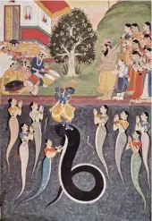  ?? Indischer Maler um 1640, The Yorck Project (2002)/Wikicommon­s ?? TOP Krishna dancing over the subdued serpent Kaliya Naag and his wives, who beg Krishna for mercy. From a Bhagavata Purana manuscript, circa 1640