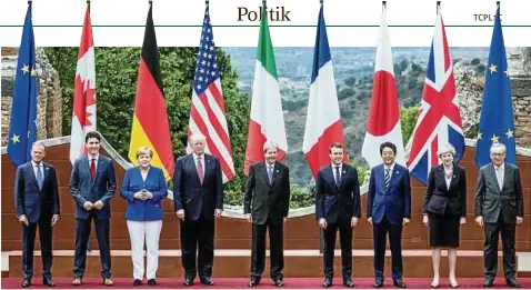  ??  ?? Gruppenbil­d mit Aussicht: Eu-ratspräsid­ent Donald Tusk, Kanadas Premiermin­ister Justin Trudeau, Bundeskanz­lerin Angela Merkel, Us-präsident Donald Trump, Italiens Ministerpr­äsident Paolo Gentiloni, Frankreich­s Präsident Emmanuel Macron, Japans...