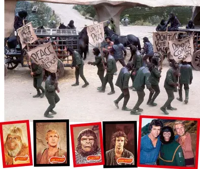  ??  ?? trading places (top) Chimps revolt in Beneath The Planet Of The Apes; (above) small screen stars Ron Harper and James Naughton on classic Topps cards.