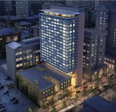  ?? COURTESY OF TCA ARCHITECTS ?? Conceptual image of the Tribute Hotel, proposed for downtown San Jose. The 24-story hotel would have 279rooms and connect to the existing Montgomery Hotel.