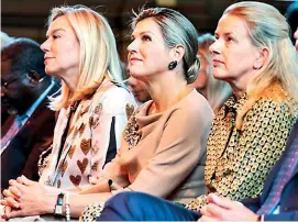  ??  ?? Powerful force: Queen Maxima flanked by Minister Sigrid Kaag (to her right) and Princess Mabel van Oranje at the conference. Photos courtesy of Martijn Beekman/Dutch Ministry for Foreign Affairs