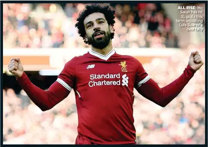  ??  ?? ALL RISE: Mo Salah has hit 31 goals this term, equalling Luis Suarez’s best tally