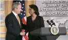  ??  ?? George W Bush shakes hands with Condoleezz­a Rice in Washington DC on 5 January 2006. Photograph: Matthew Cavanaugh/EPA