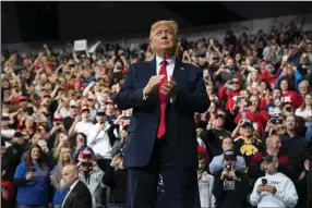  ?? (AP/ Evan Vucci) ?? Then-President Donald Trump arrives to speak at a campaign rally at the Knapp Center on the campus of Drake University on Jan. 30, 2020, in Des Moines, Iowa.