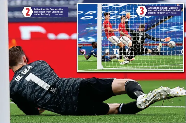  ?? NMC POOL ?? Fallen idol: De Gea lets the tame shot from Mount slip under his body