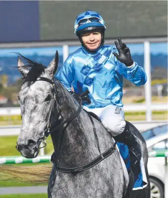  ?? Picture: AAP IMAGE ?? Barend Vorster after riding Shrouded In Mist to victory at Morphettvi­lle