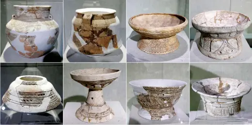  ??  ?? The pottery items, discovered at Dongting Lake Plain and on the upper reaches of the Xianghu and Yuanhu rivers within the Hunan Province, are on display at the Kuahuqiao Site Museum. — IC
