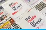  ?? — AFP ?? LONDON: An arrangemen­t of newspapers photograph­ed as an illustrati­on in London shows a full-page advertisem­ent taken out by the UK Government in several daily newspapers as part of its public informatio­n campaign to get the public and business owners ready for Brexit.