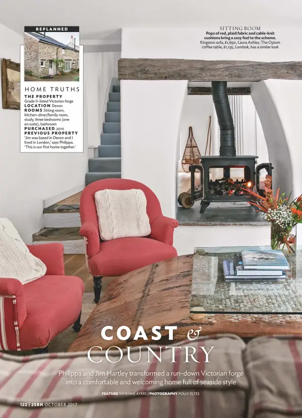  ??  ?? SITTING ROOM Pops of red, plaid fabric and cable-knit cushions bring a cosy feel to the scheme. Kingston sofa, £1,650, Laura Ashley. the opium coffee table, £1,135, Lombok, has a similar look