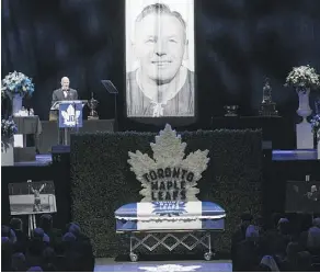  ??  ?? Dave Keon speaks about his beloved Toronto Maple Leafs teammate at the Johnny Bower celebratio­n of life service Wednesday in Toronto.