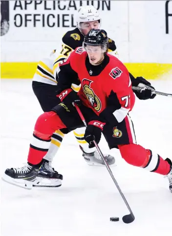  ?? SEAN KILPATRICK /THE CANADIAN PRESS ?? Sens’ Thomas Chabot is among the NHL defencemen scoring leaders with three goals and 10 assists. Only Toronto’s Morgan Rielly and Washington’s John Carlson are ahead.