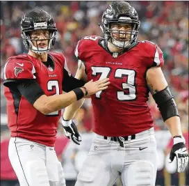  ?? CURTIS COMPTON / CCOMPTON@AJC.COM 2016 ?? Right tackle Ryan Schraeder, with QB Matt Ryan, hasn’t started the past two games. He signed a five-year, $34 million extension in 2016.