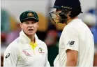  ??  ?? Chat show: Steve Smith gives Dawid Malan his views