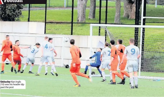  ??  ?? Unlucky Alan Inglis (10) sees his header slip past the post