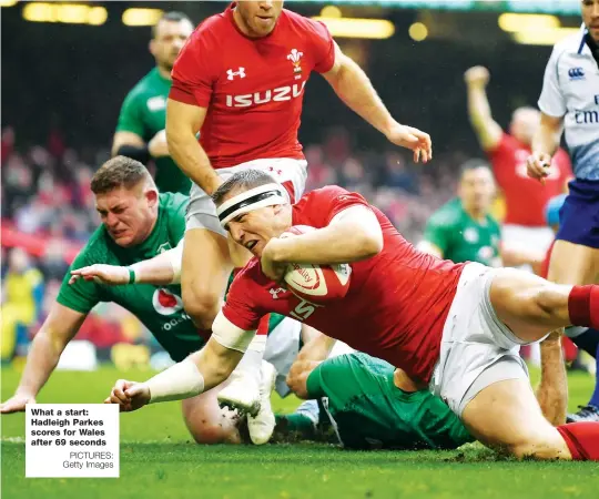  ?? PICTURES: Getty Images ?? What a start: Hadleigh Parkes scores for Wales after 69 seconds