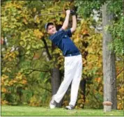  ?? AUSTIN HERTZOG - DIGITAL FIRST MEDIA ?? Spring-Ford’s Ben Pochet watches his tee shot on No. 13 Monday during the PIAA East Region Golf Championsh­ips at Golden Oaks Golf Club in Fleetwood.