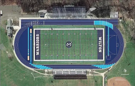  ?? Town of Wilton / Contribute­d photos ?? Above, the proposed new stadium track at Wilton High School. The Wilton Board of Selectmen is proposing a $1.225 million bond for the project, which is being sent to the Board of Finance for approval. Below, proposed colors for the new track.